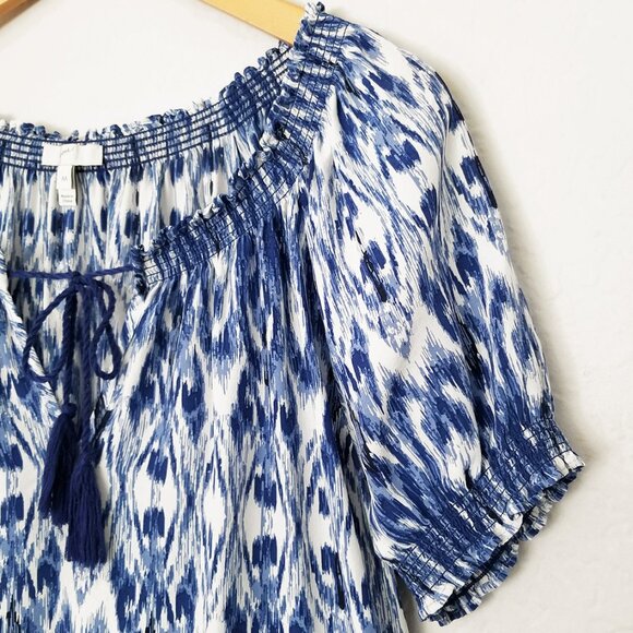 Joie 100% Silk Masha Ikat Tassel Tie Short Sleeve Blouse Top M Blue Coastal $198 - Picture 6 of 12